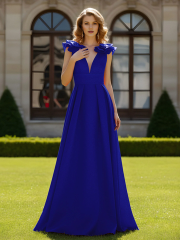 Deep V-Neck Ruffle Shoulder A-Line Floor-Length Formal Evening Gown