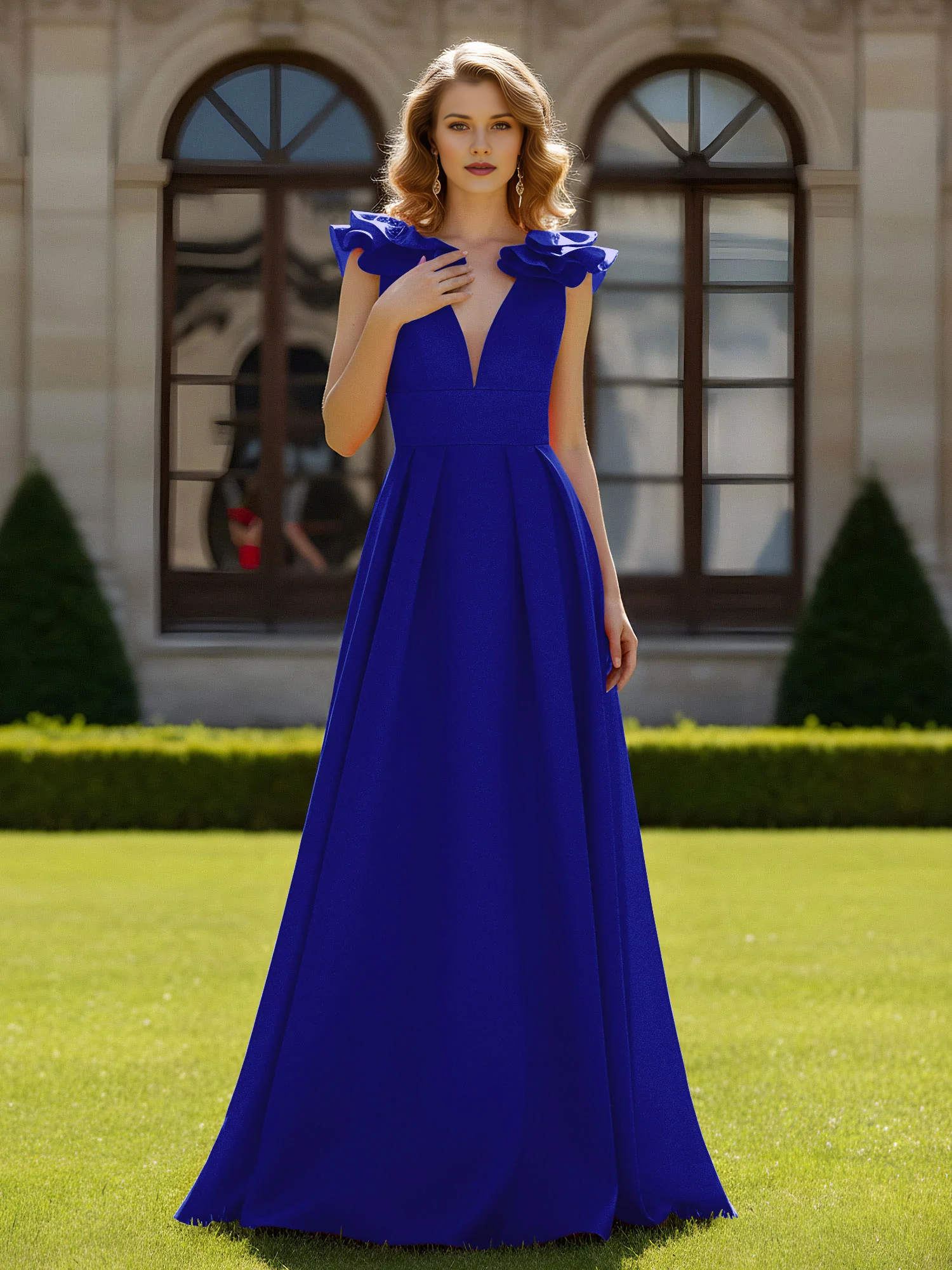 Deep V-Neck Ruffle Shoulder A-Line Floor-Length Formal Evening Gown
