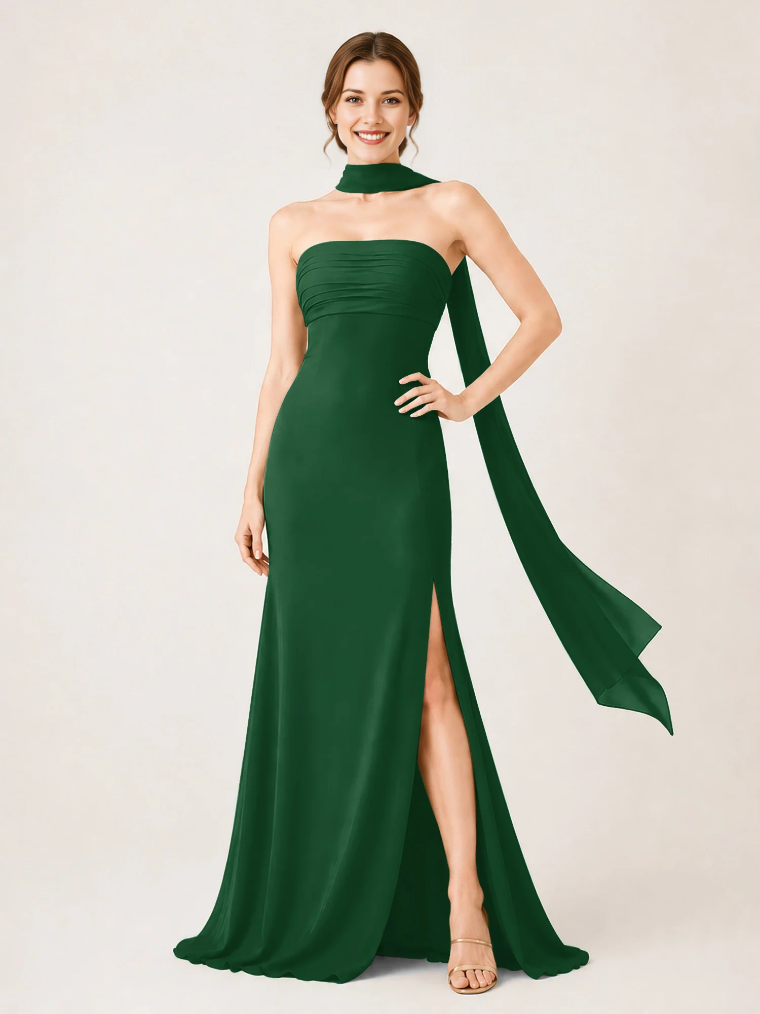 Strapless Ruched Chiffon Mermaid Bridesmaid Dress with Choker Scarf & High Slit