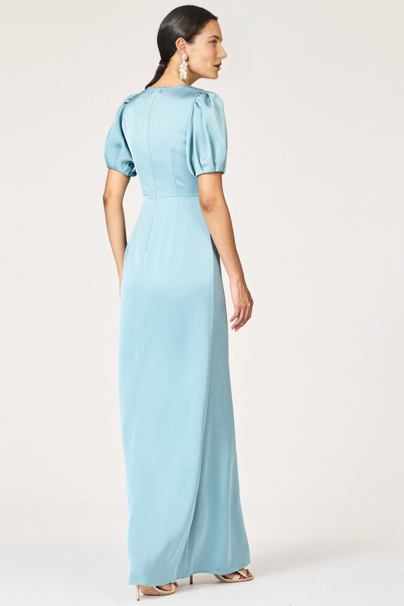Women's Elegant V-Neck Puff Sleeve Gown with Asymmetric Ruffle Detail