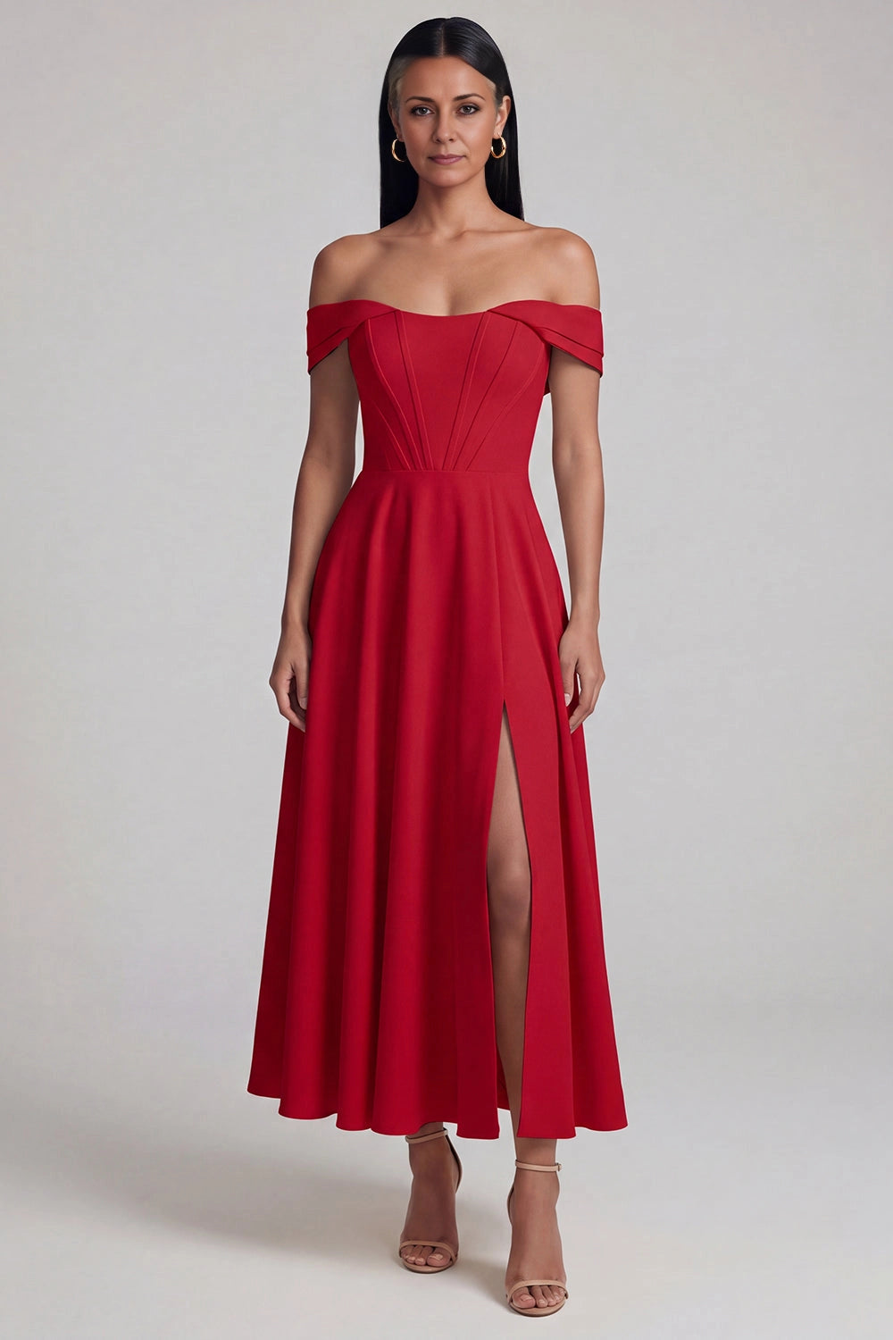 Charming A-Line Off Shoulder Short Sleeve Back Zip Midi Wedding Guest Dress