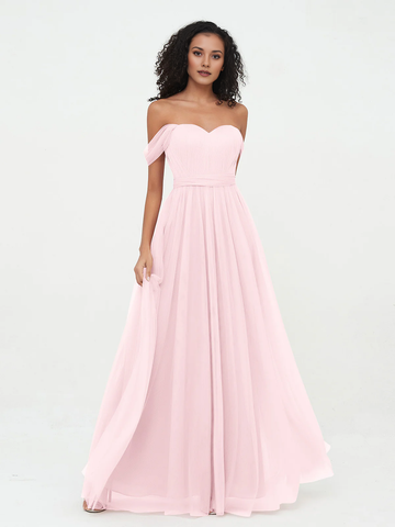Off Shoulder Sweetheart Neck Tulle Pleated Waist Tie Back Floor-Length Bridesmaid Maxi Dress