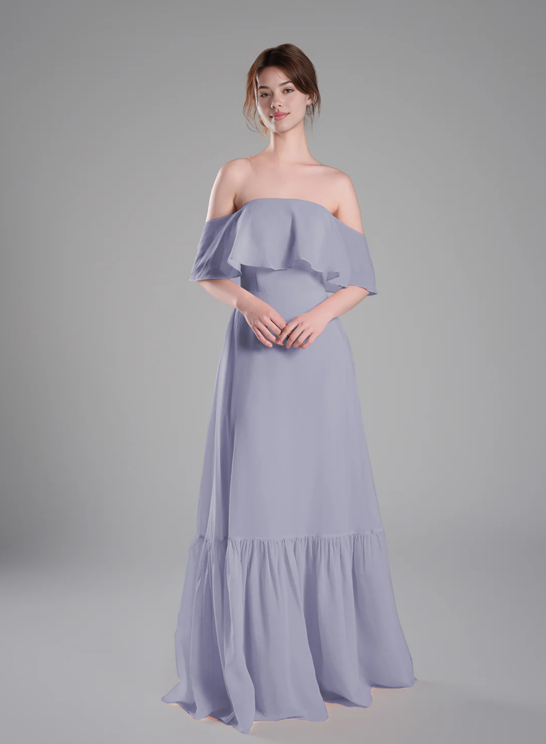 Elegant Tiered A-Line Chiffon Off-The-Shoulder Short Sleeve Open Back Bridesmaid Dresses