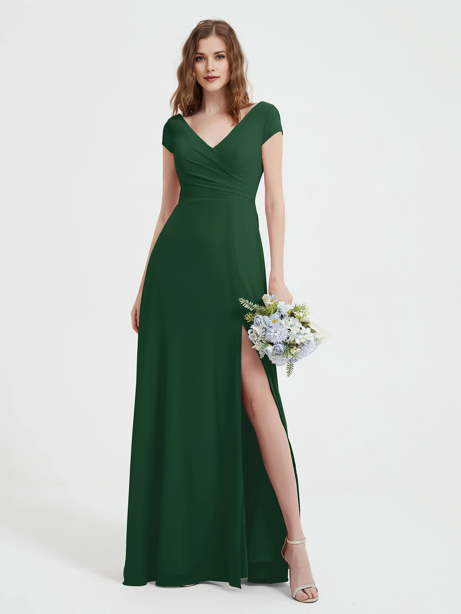Cap Sleeve V-Neck Wrap Waist High Slit Chiffon Floor-Length Bridesmaid Evening Maxi Dress