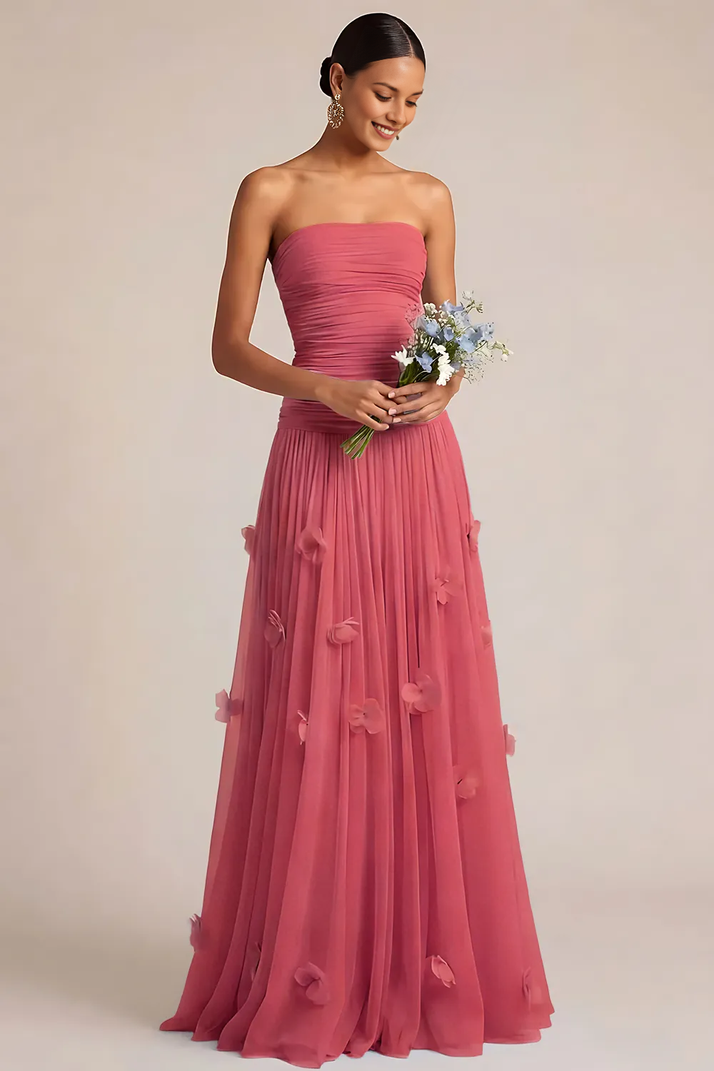 Strapless Ruched Bodice Tulle Gown with 3D Floral Appliqués