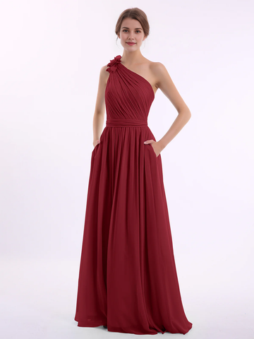 One Shoulder 3D Flower Ruched Chiffon Bridesmaid Maxi Dress with Pockets & Open Back Sash