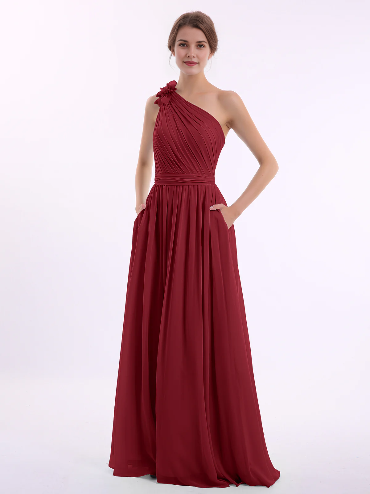 One Shoulder 3D Flower Ruched Chiffon Bridesmaid Maxi Dress with Pockets & Open Back Sash