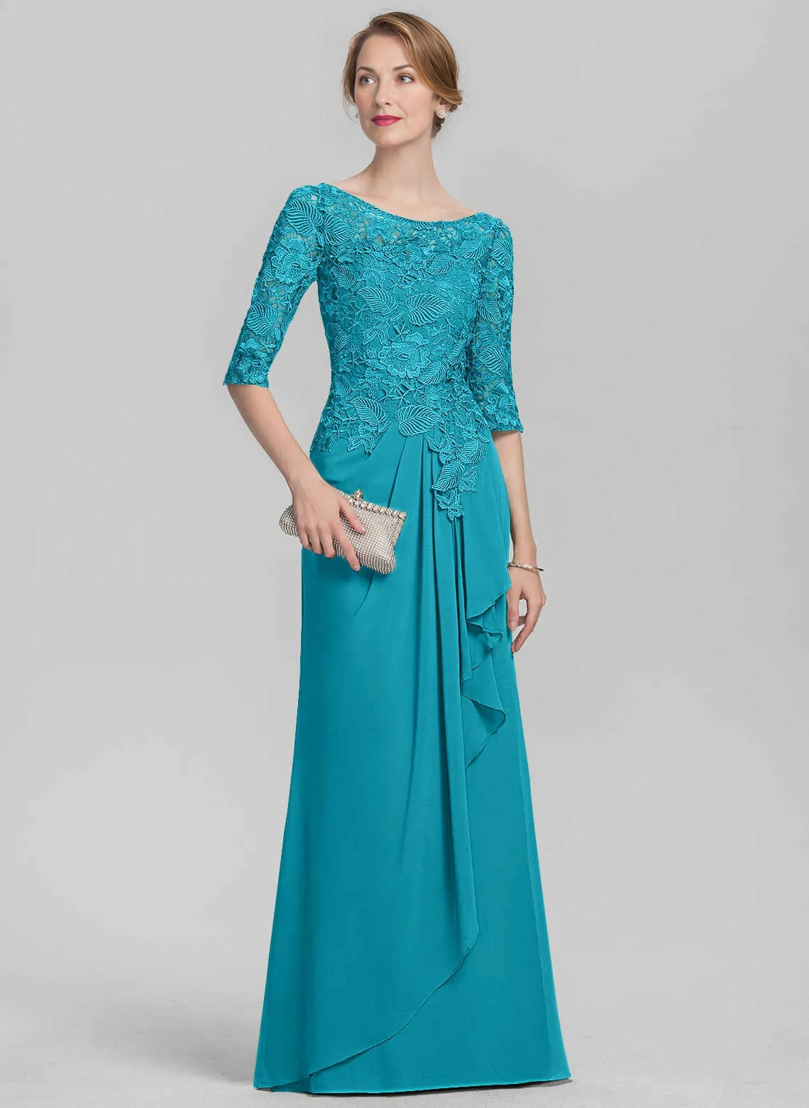 Slim‑Fit Sheath Bateau‑Neck Elbow‑Sleeve Zip‑Back Floor‑Length Mother Of The Bride Dress