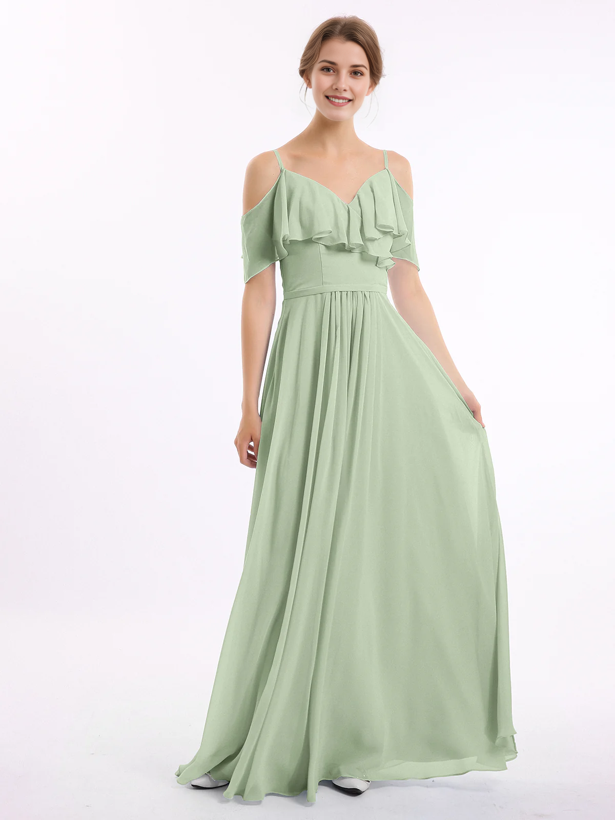Cold Shoulder Ruffle V-Neck Chiffon A-Line Maxi Bridesmaid Dress with Pockets