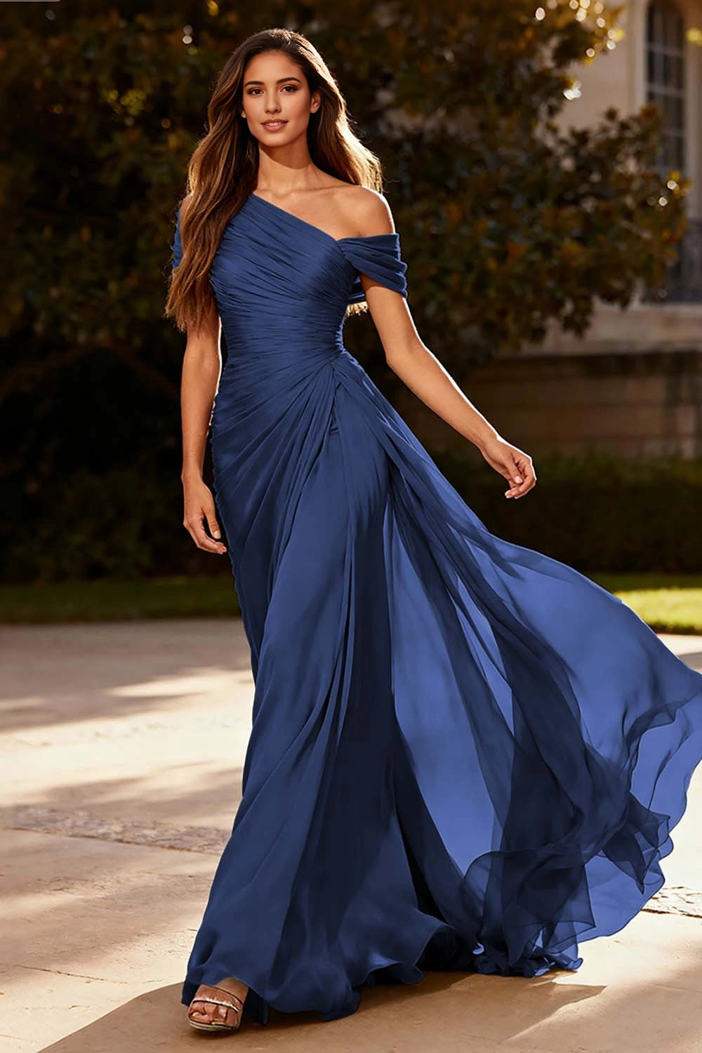 Flowy A-Line One Shoulder Off Shoulder Ruched Back Zip Maxi Wedding Guest Dress