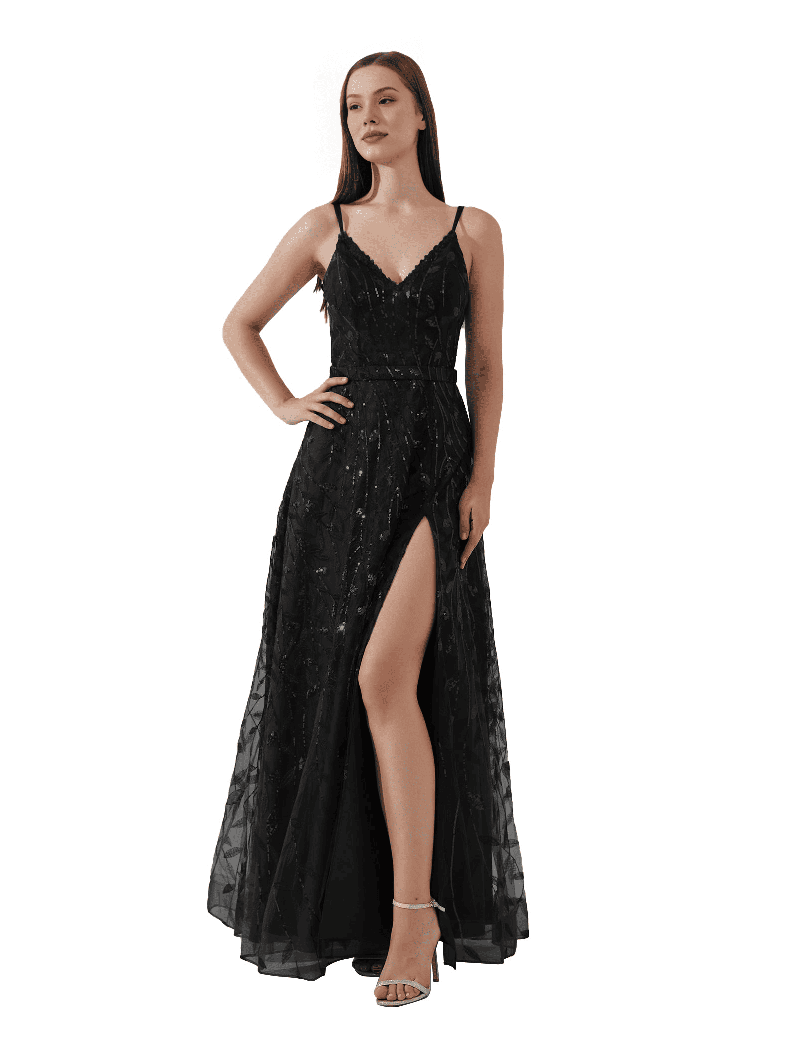Vestido de noche largo con tirantes finos, cuello de pico, espalda descubierta, línea A y lentejuelas elegantes para baile de graduación