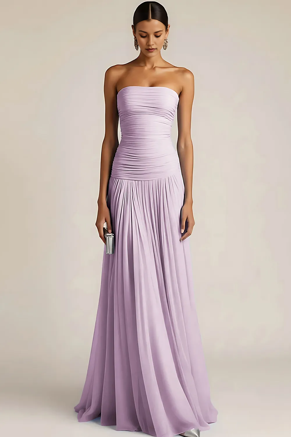 Strapless Ruched Bodice Chiffon A-Line Maxi Dress