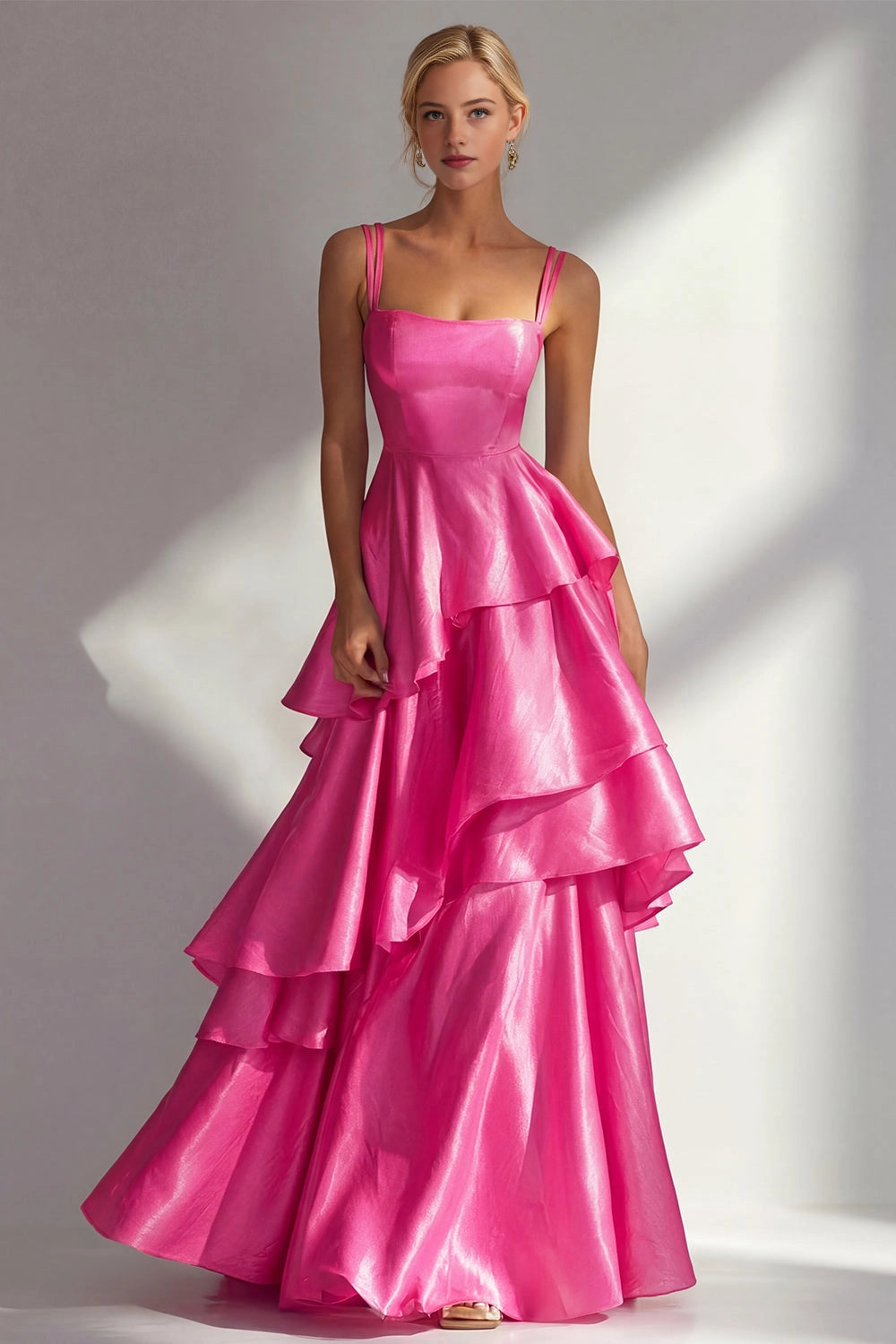 Shiny A Line Square Neck Straps Open Back Tiered Maxi Wedding Guest Dress