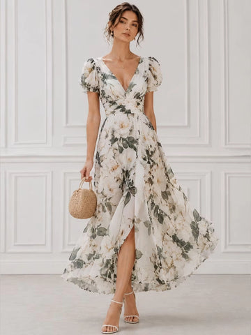 Floral A-line V-neck Puff Sleeve Low Back Midi Bridesmaid Dress