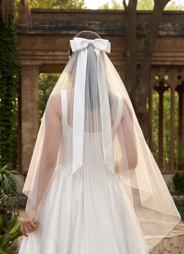 Charming Sheer Tulle Satin Bow Two-Tier Waist Length Bridal Wedding Veil