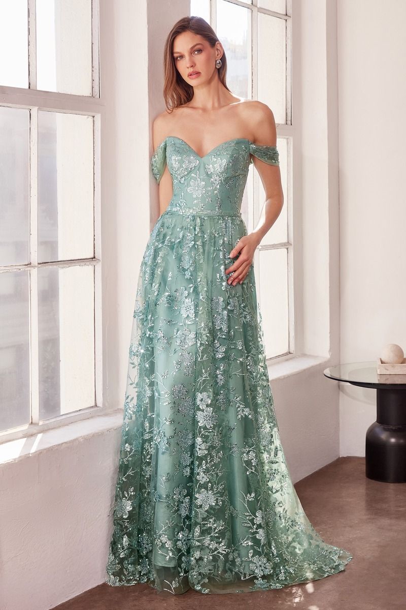 Floral Sequin Off-the-Shoulder Ball Gown - Deep V Formal Prom & Wedding Guest Dress