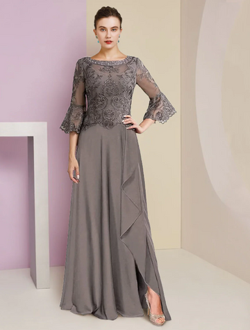 Elegant Lace & Chiffon Mother of the Bride Dress with Bell Sleeves, Beaded Neckline, Side Slit - Formal Evening Gown for Weddings, Banquets