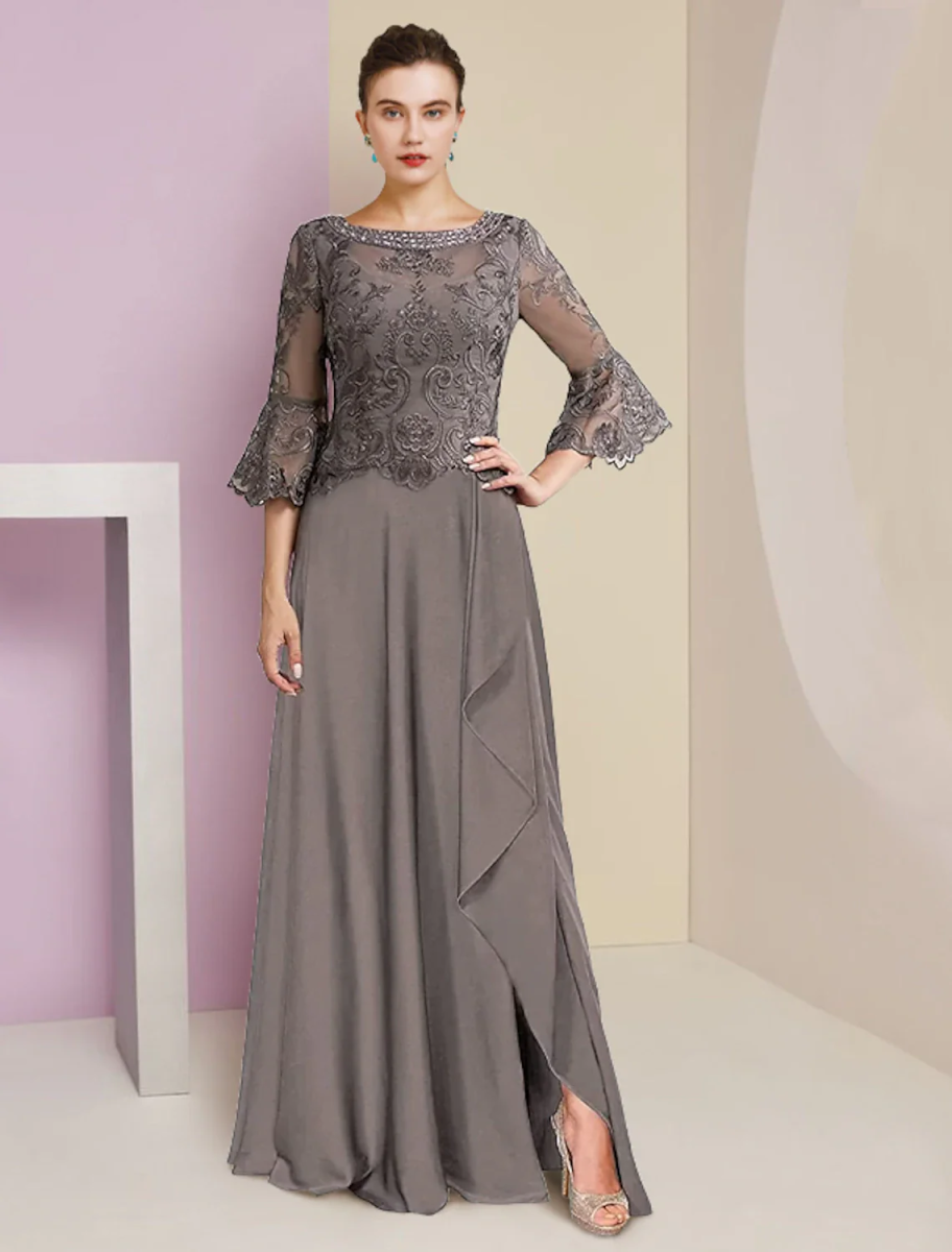 Elegant Lace & Chiffon Mother of the Bride Dress with Bell Sleeves, Beaded Neckline, Side Slit - Formal Evening Gown for Weddings, Banquets