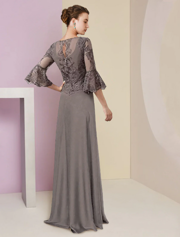 Elegant Lace & Chiffon Mother of the Bride Dress with Bell Sleeves, Beaded Neckline, Side Slit - Formal Evening Gown for Weddings, Banquets