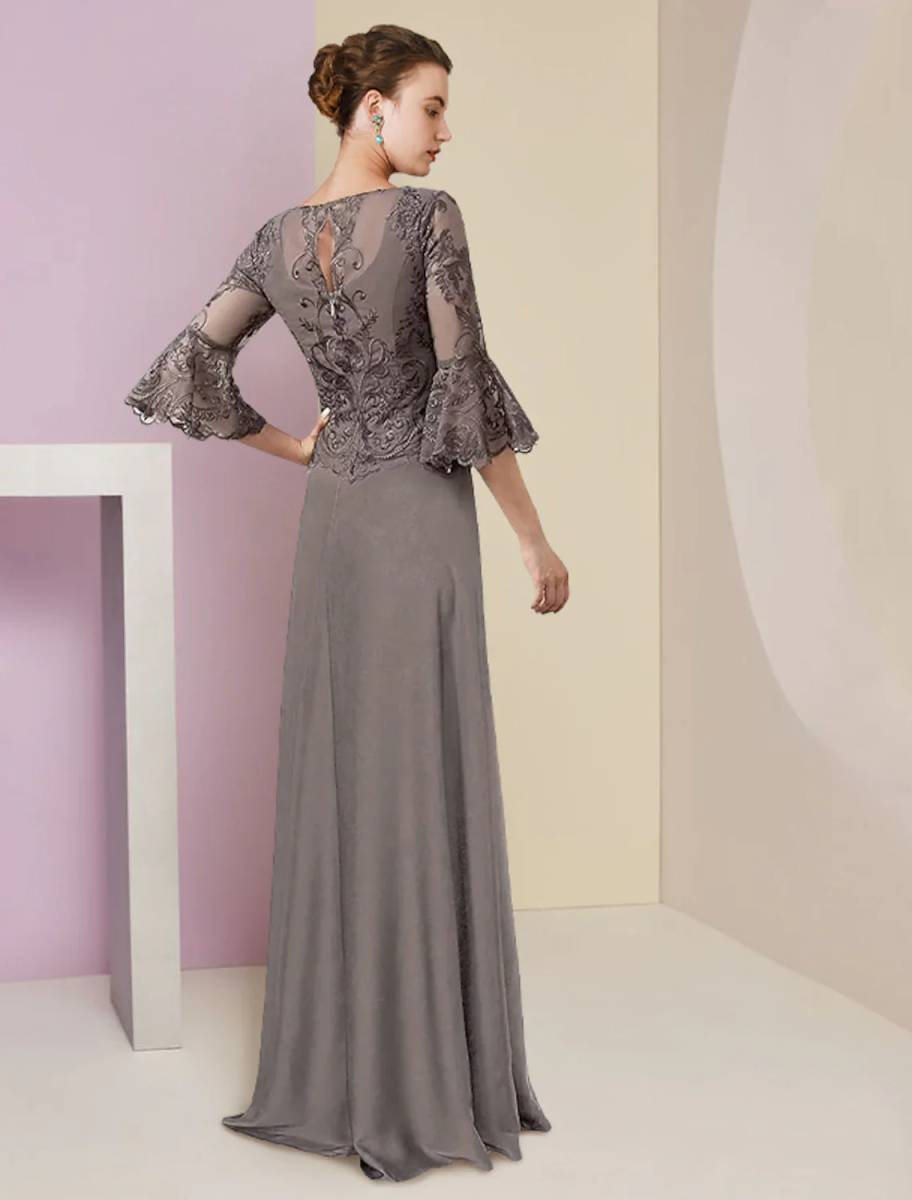 Elegant Lace & Chiffon Mother of the Bride Dress with Bell Sleeves, Beaded Neckline, Side Slit - Formal Evening Gown for Weddings, Banquets