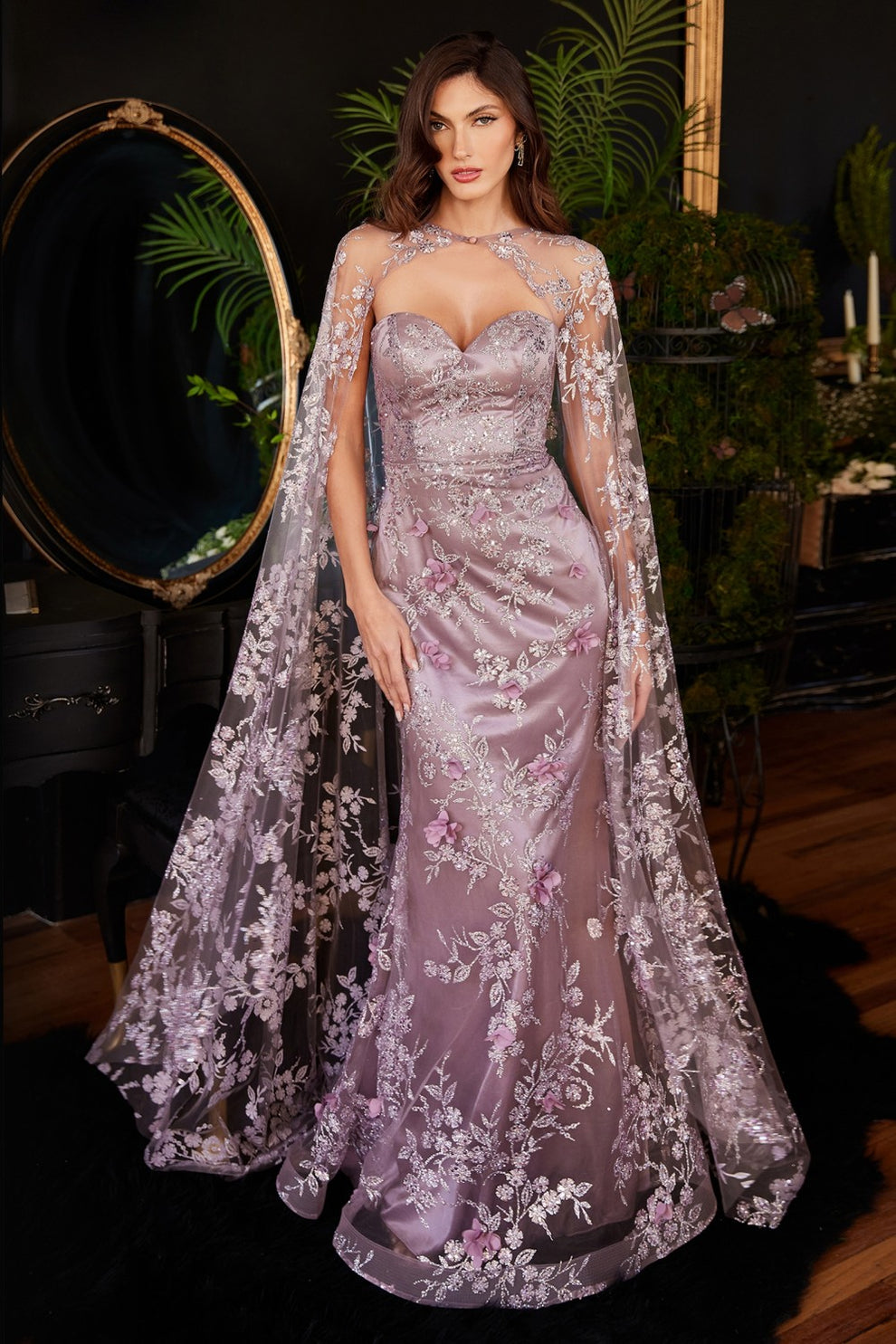 Vestido de sirena de satén con escote corazón, apliques florales 3D, capa transparente superpuesta, vestido formal para fiesta de graduación e invitada de boda