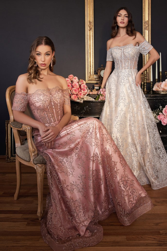 Satin Ball Gown Off-the-Shoulder Sweetheart Neck Corset Bodice Embellished Lace Overlay Formal Prom & Wedding Guest Dress