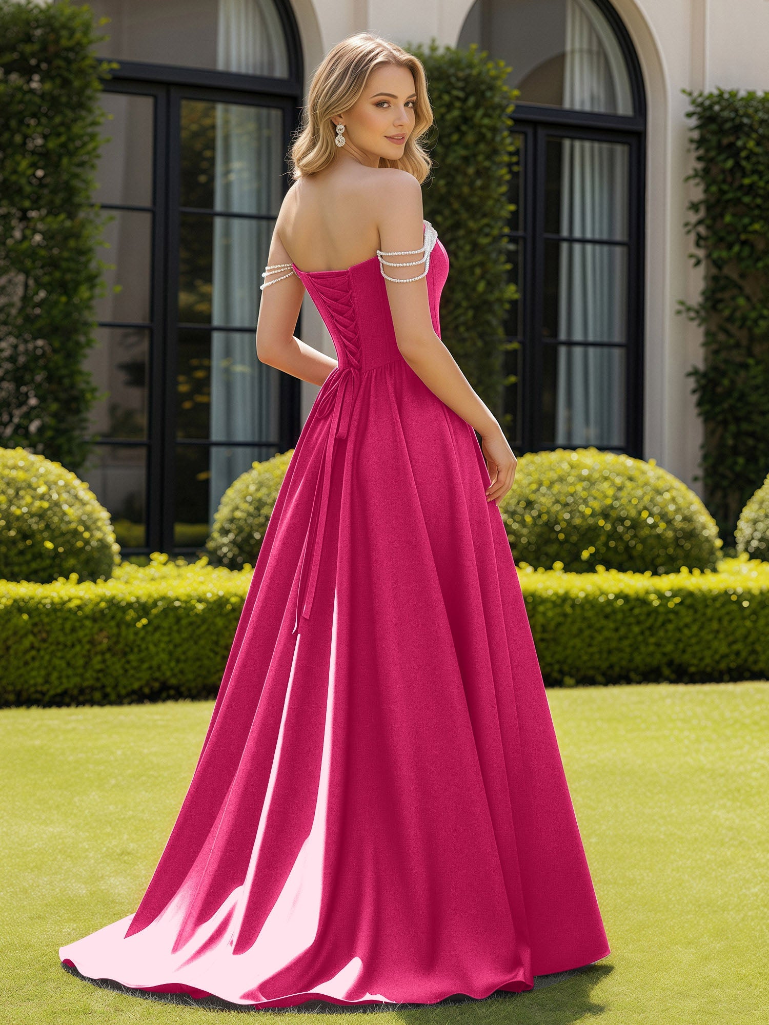 Vestido de noche formal de satén rosa fuerte con hombros descubiertos, adorno de cuentas, corpiño corsé, fruncido, falda de fiesta con abertura alta y cola para bodas, bailes de graduación y eventos de etiqueta