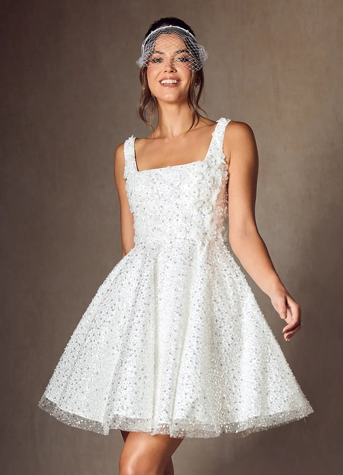 Romantic A-line Square Spaghetti Tulle Mini Party Dress Beaded Lace-up Wedding Dress