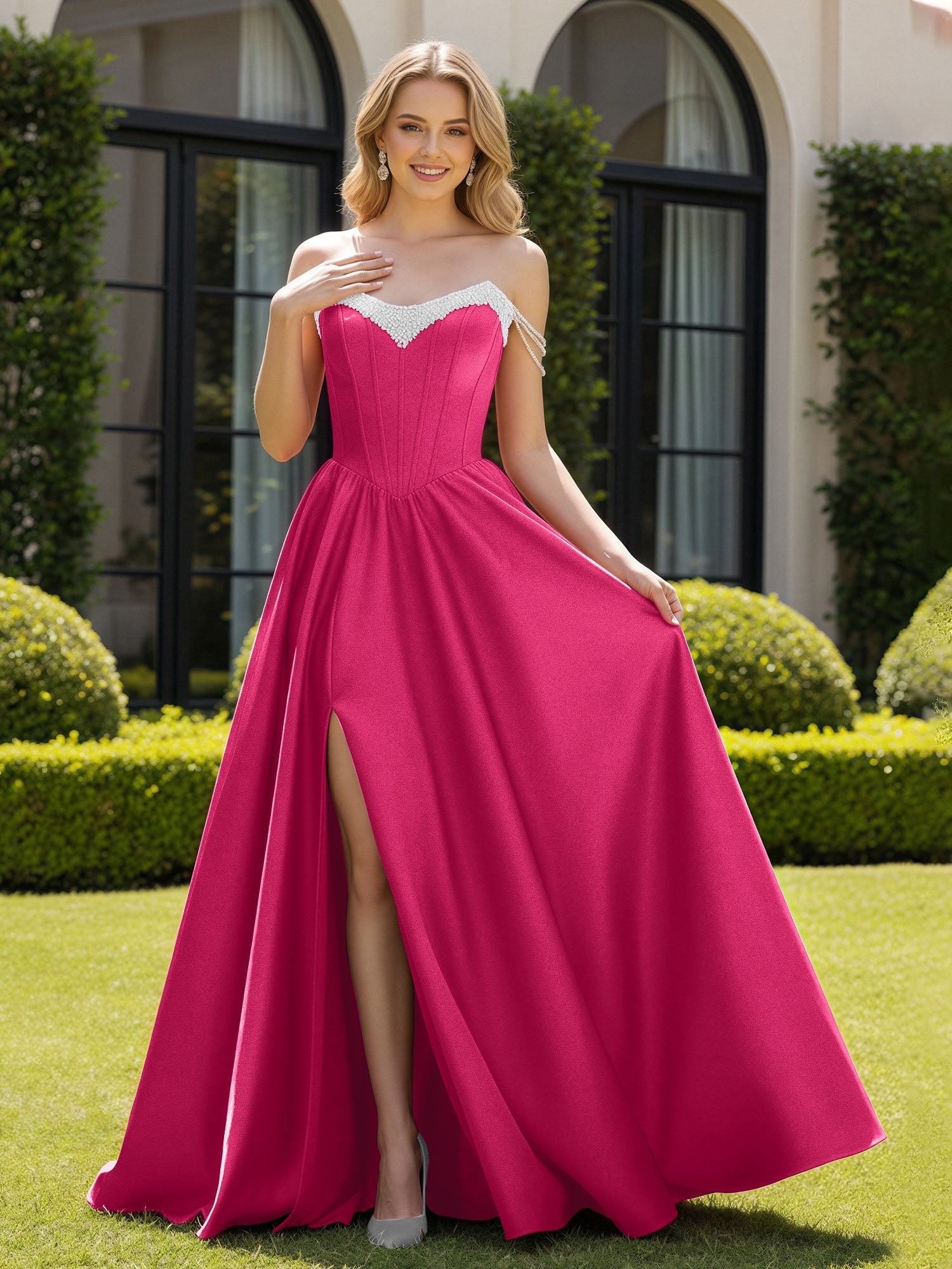 Vestido de noche formal de satén rosa fuerte con hombros descubiertos, adorno de cuentas, corpiño corsé, fruncido, falda de fiesta con abertura alta y cola para bodas, bailes de graduación y eventos de etiqueta