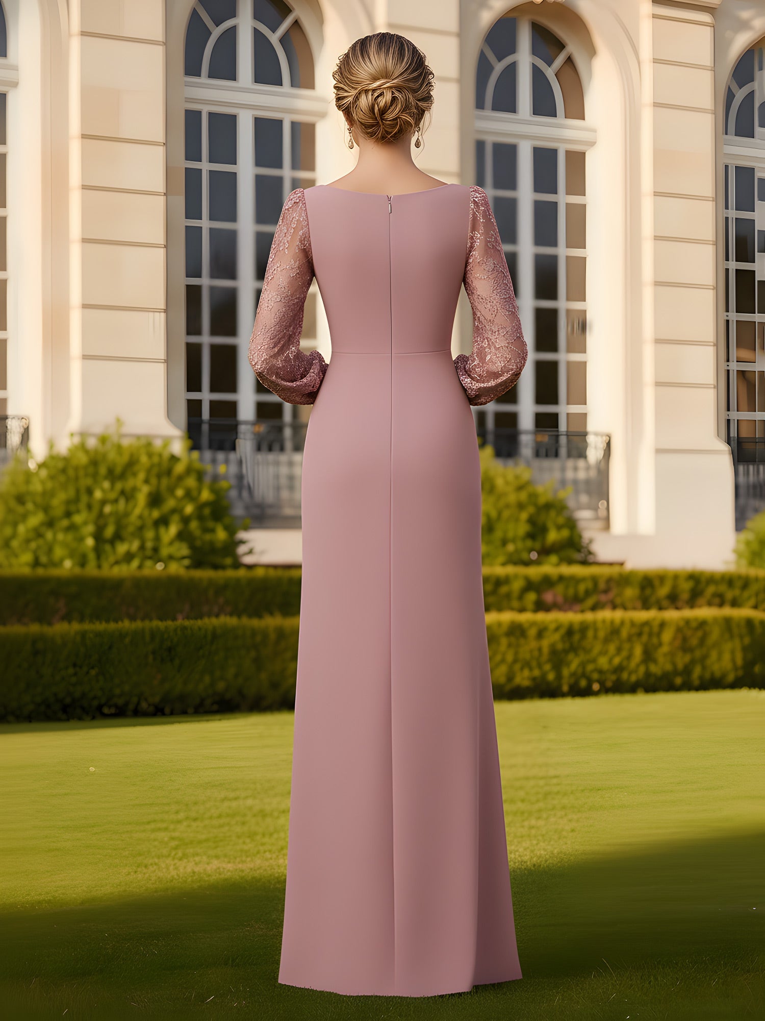 Elegant Dusty Pink Lace Sleeve Mermaid Evening Gown – Formal Mother of the Bride Dress