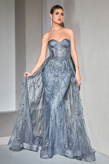 Sequin Mermaid Gown Strapless Sweetheart Neck Corset Bodice Embellished Tulle Overlay Formal Prom & Wedding Guest Dress