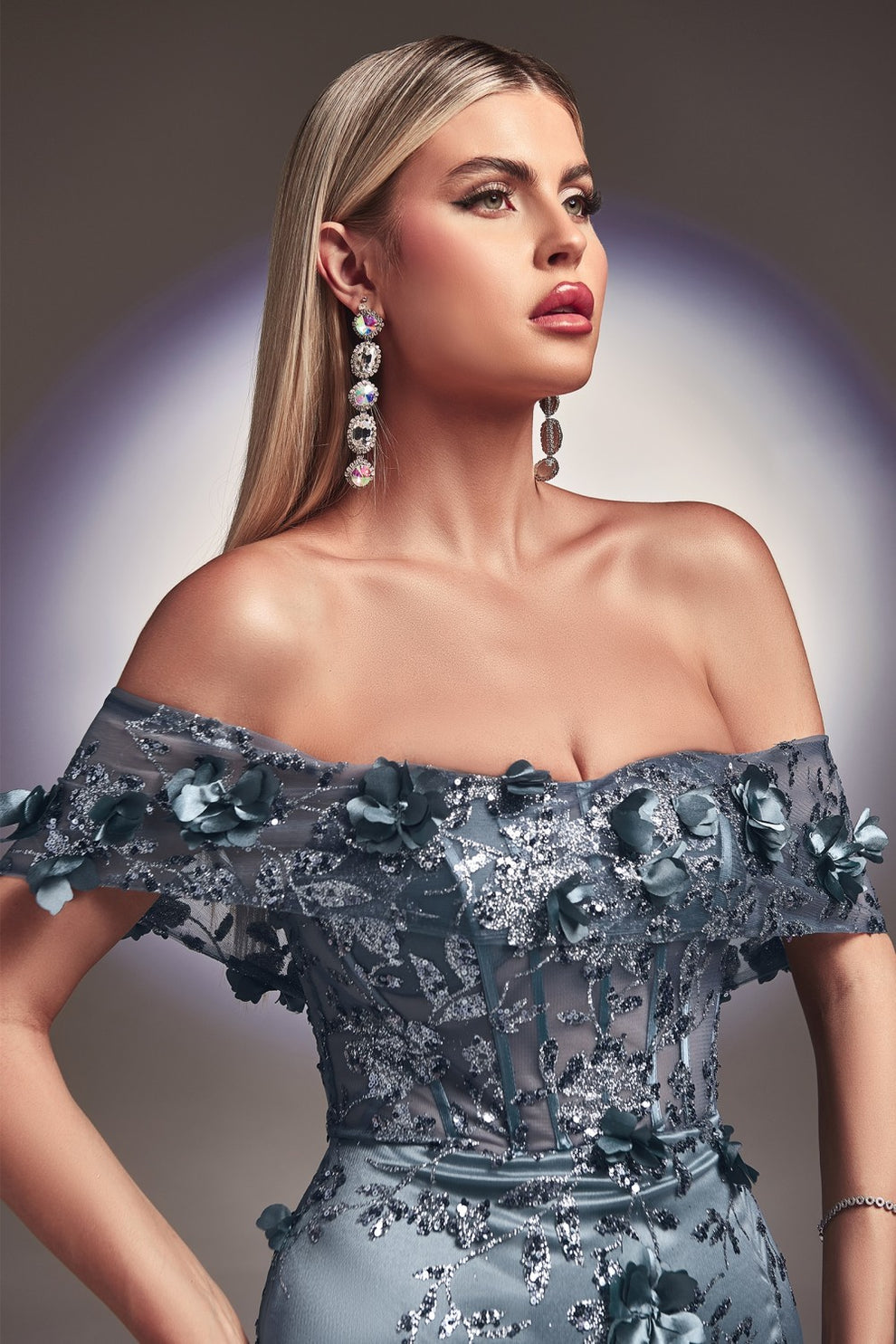 Vestido de sirena floral 3D con hombros descubiertos, escote ilusión, corpiño de corsé transparente, abertura alta, formal para fiesta de graduación y vestido de invitada de boda