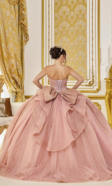 Vedress rose-gold quinceanera ball gown corset back floor-length large glitter bow heavy beading strapless back view