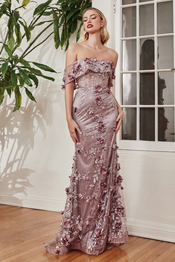 3D Floral Mermaid Gown Off-the-Shoulder Illusion Neckline Sheer Corset Bodice High Slit Formal Prom & Wedding Guest Dress
