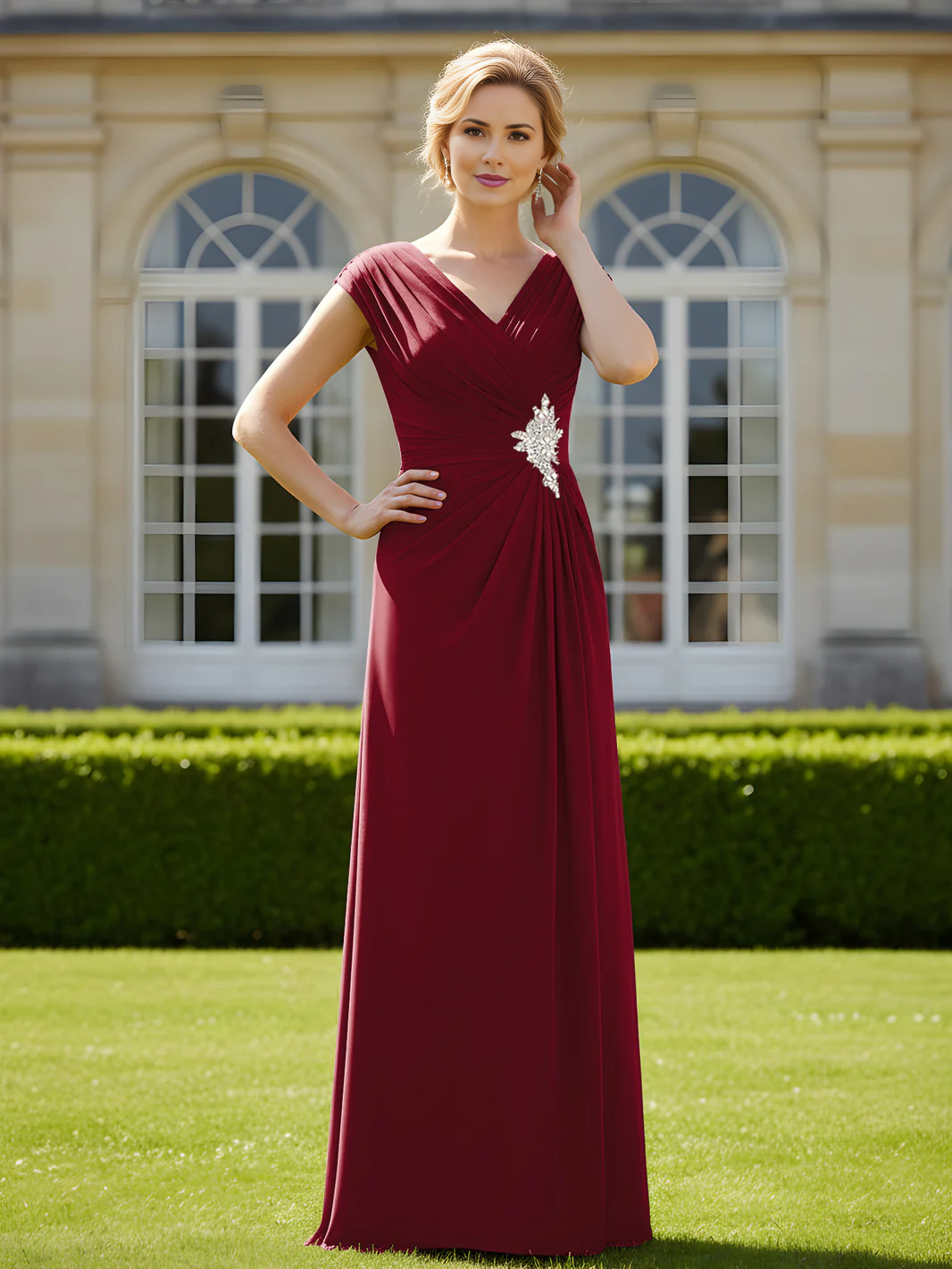 V-Neck Cap Sleeve Chiffon Evening Gown Formal Mother of the Bride Dress