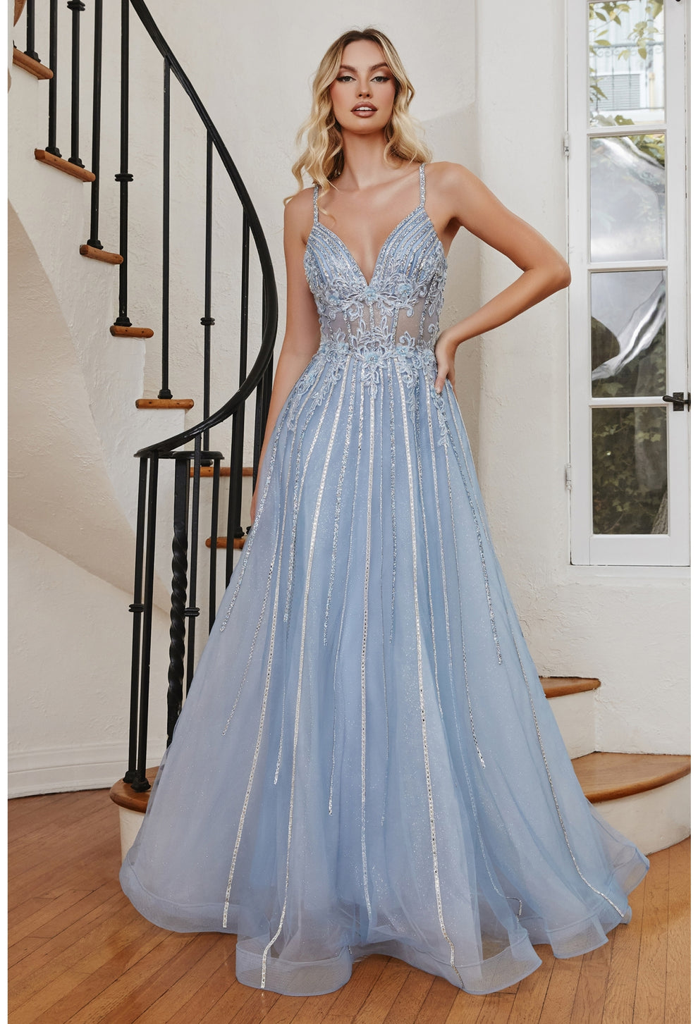 Beaded Tulle A-Line Gown Spaghetti Strap Plunge V-Neck Sheer Corset Bodice Glitter Stripe Formal Prom & Wedding Guest Dress