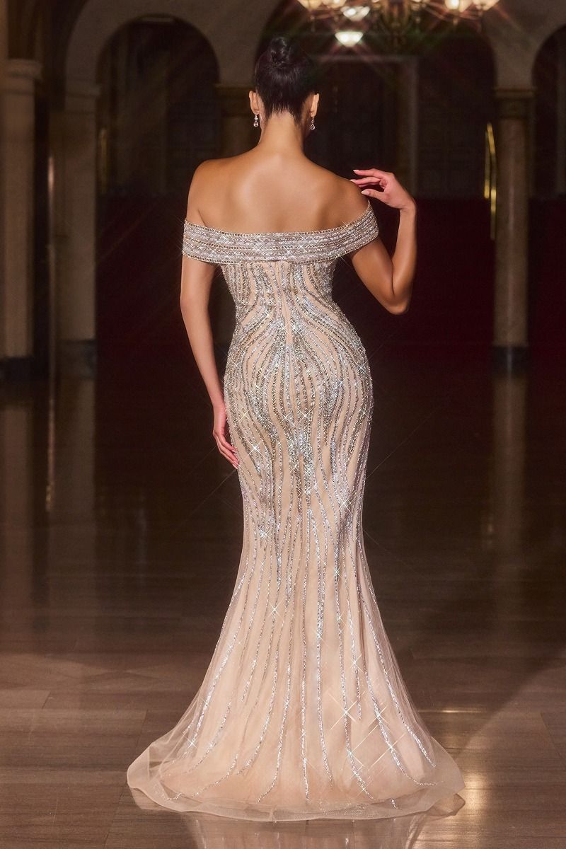 Stunning Champagne Beaded Off-the-Shoulder Mermaid Gown – Formal Evening & Bridesmaid Dress
