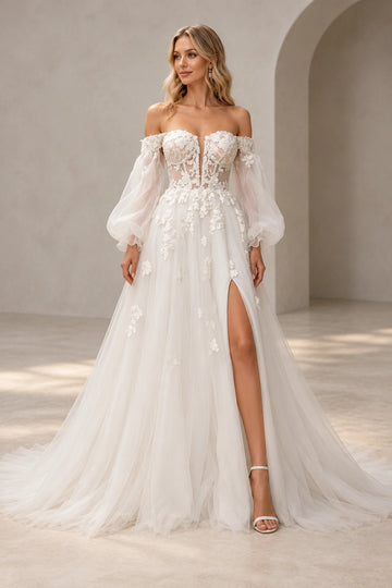Vedress A-line tulle wedding dress with a plunging sweetheart neckline, sheer floral corset bodice, bishop sleeves and a high leg slit.