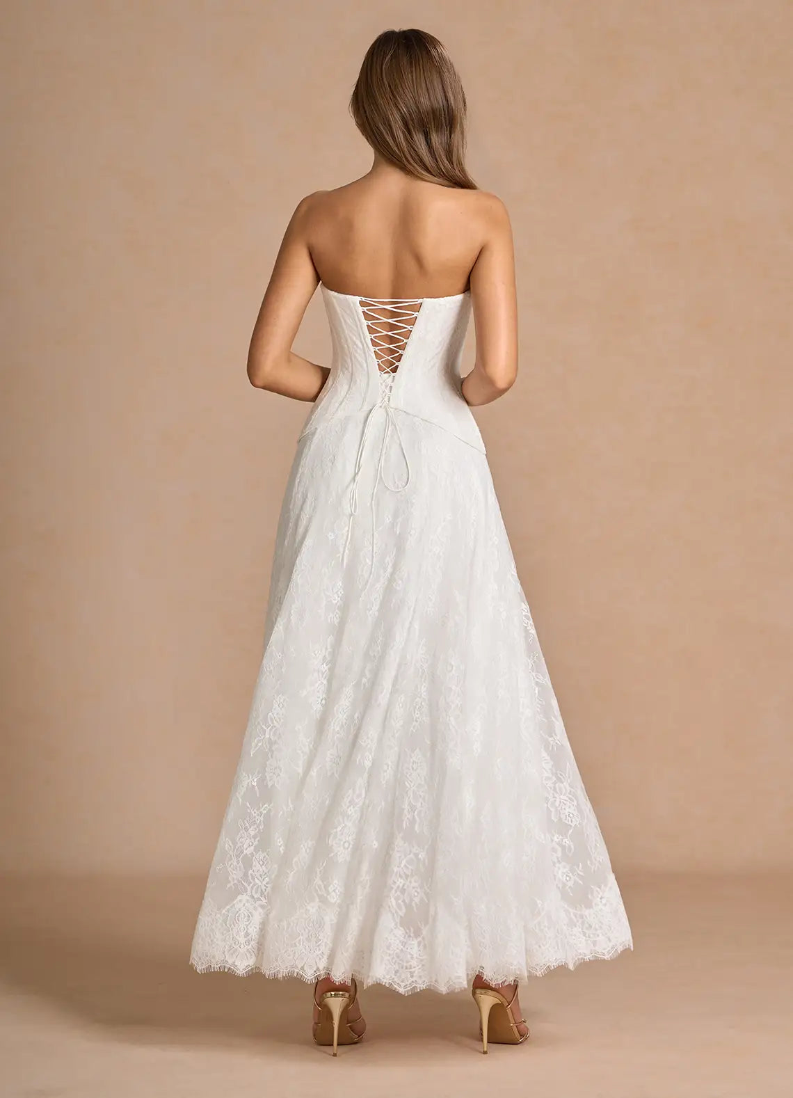 Romantic Column Sweetheart Strapless Lace Evening Dress Floor Length Corset Back Bridal Gown