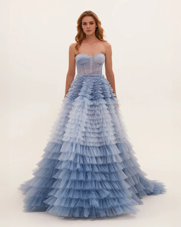 Romantic Ball Gown Sweetheart Strapless Tulle Floor-Length Tiered Ruffled Corset Prom Dress