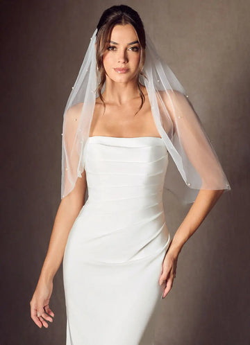 Romantic Sheer Tulle Pearl Beaded Two-Tier Hip-Length Bridal Wedding Veil