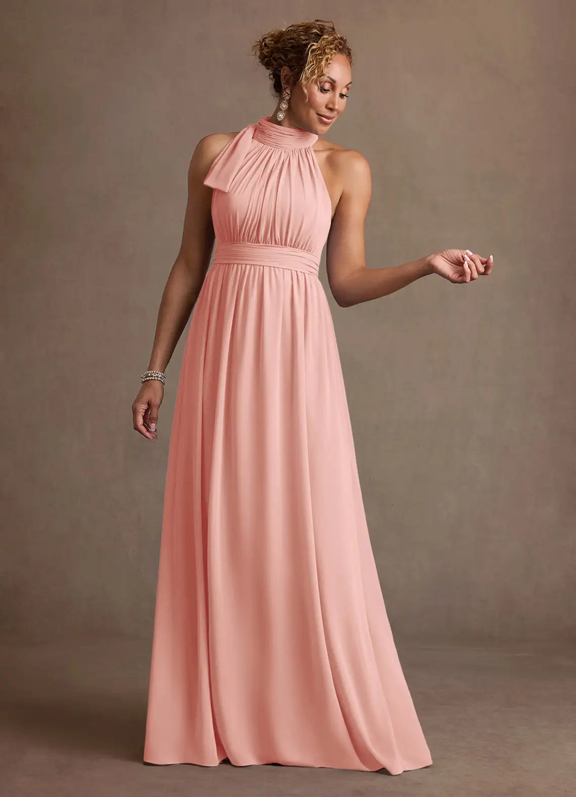 Sophisticated A-line Halter-neck Sleeveless Chiffon Floor-length Ruched-bodice Bow-neck Evening Gown