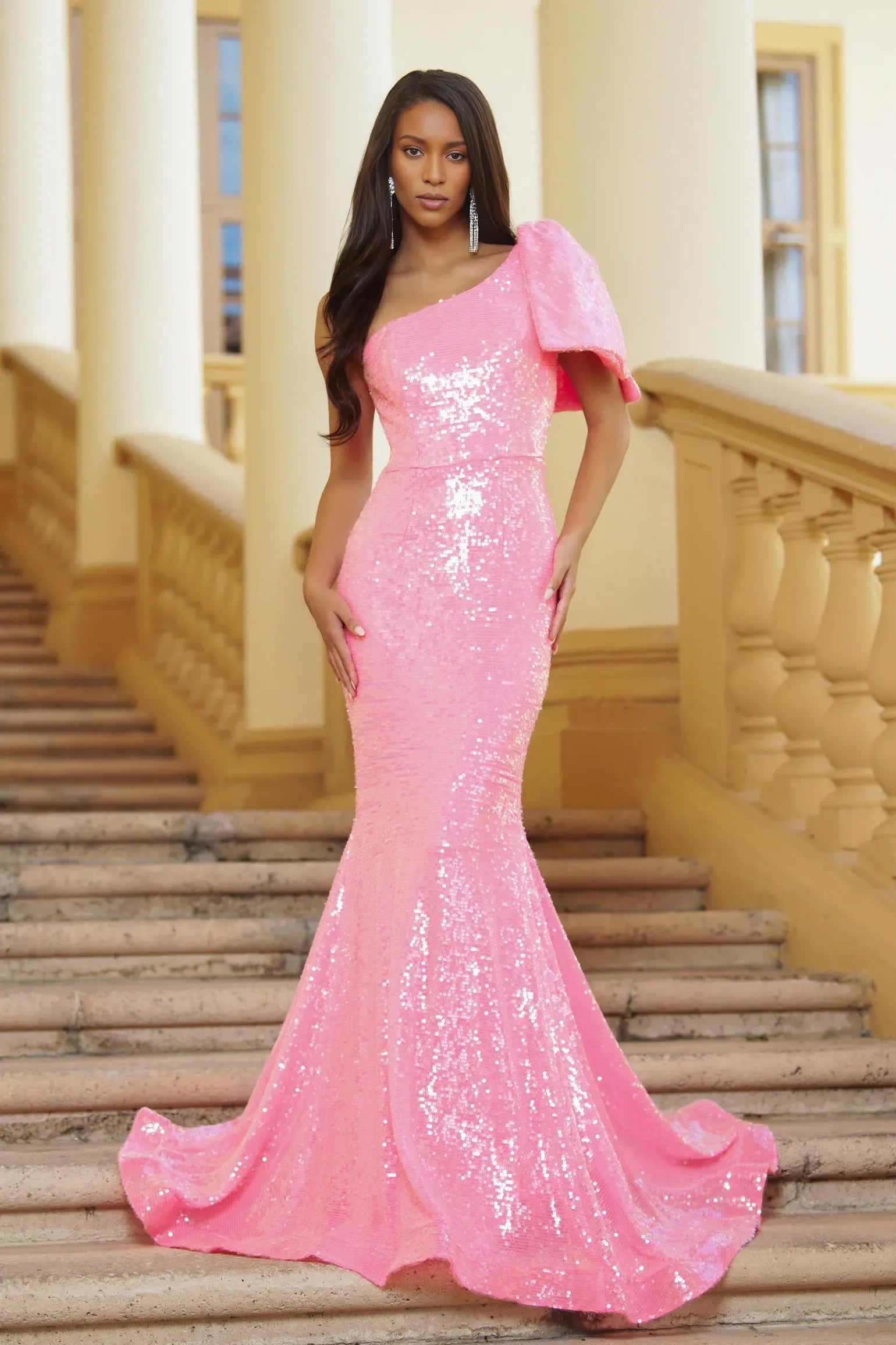 Glamorous Mermaid One Shoulder Puff Sleeve Sequin Floor Length Evening Dress