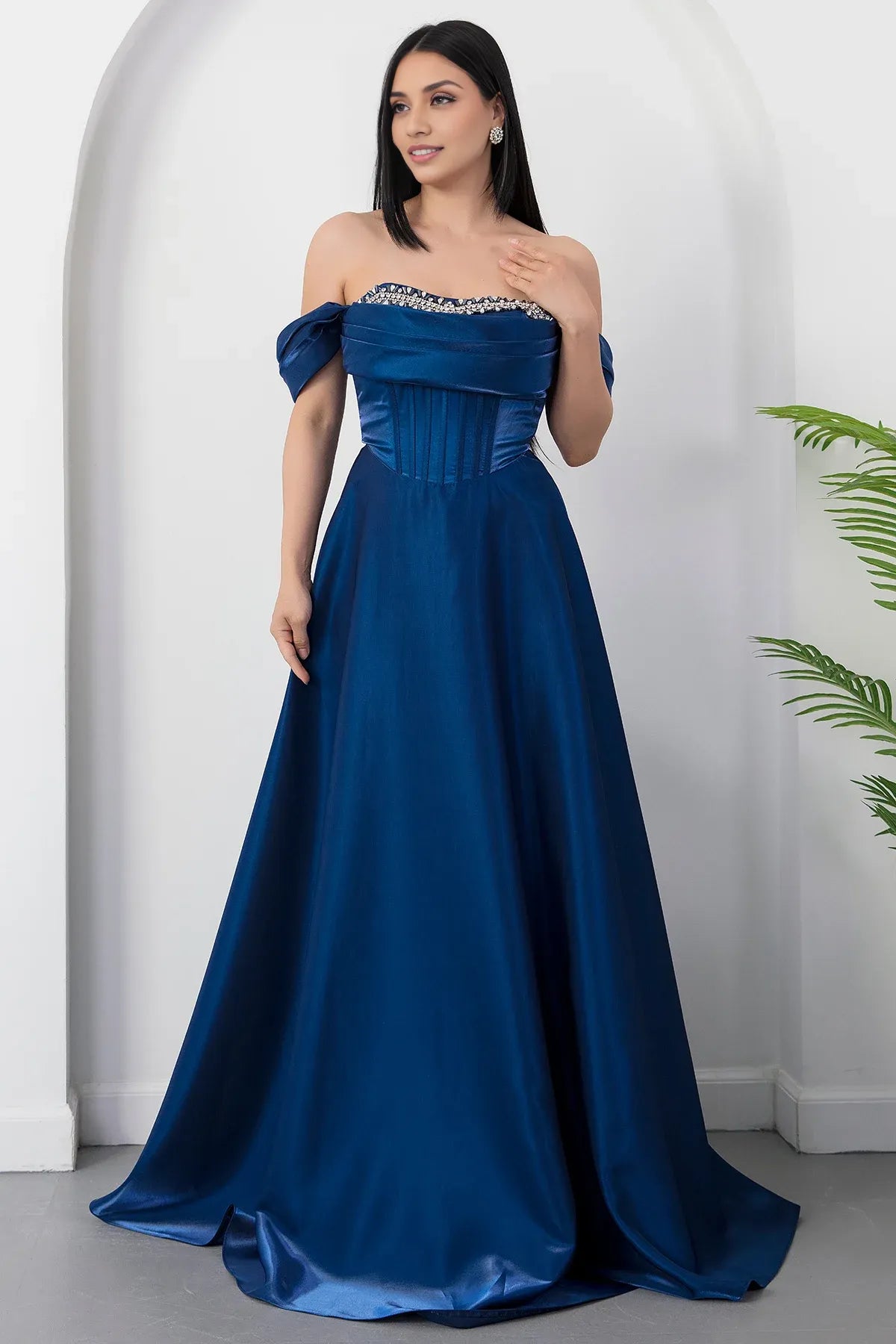 A-Line Off-Shoulder Satin Formal Evening Dress with Rhinestone Embellished Bust