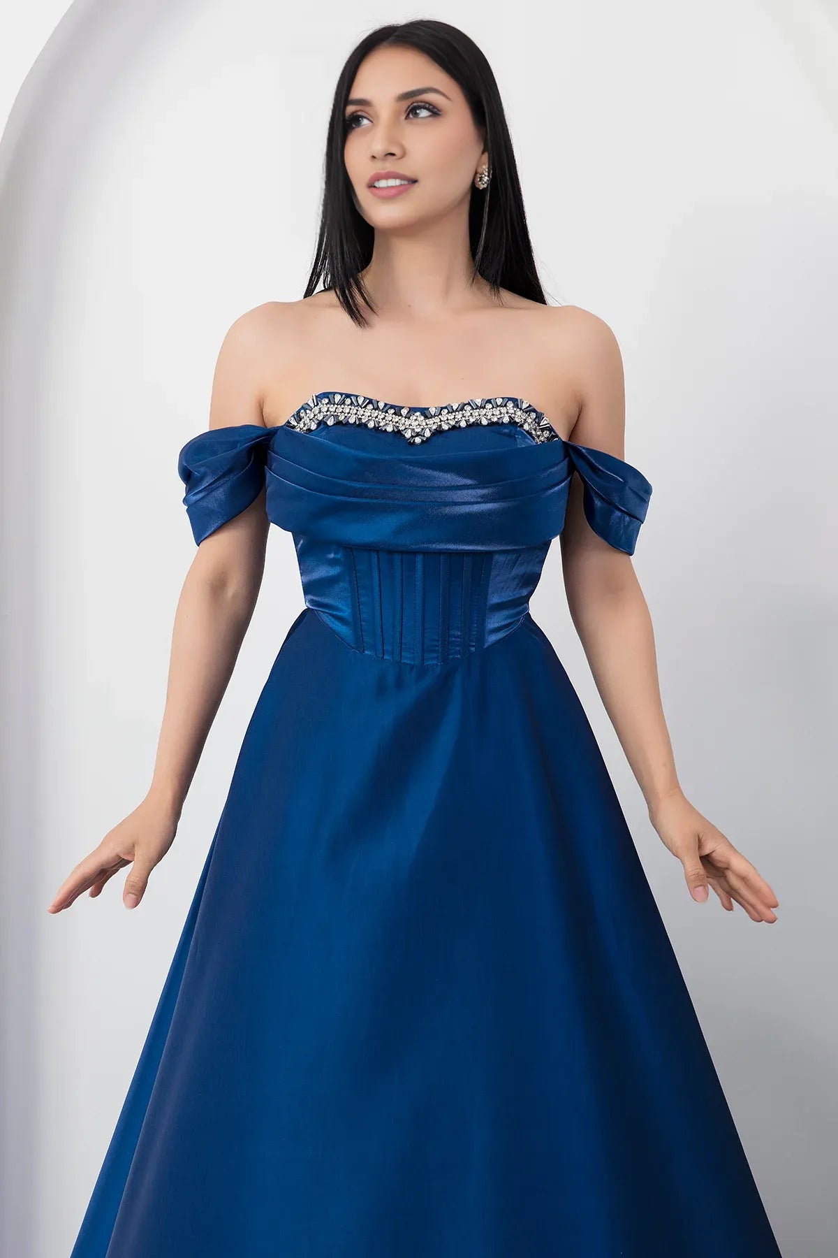 A-Line Off-Shoulder Satin Formal Evening Dress with Rhinestone Embellished Bust
