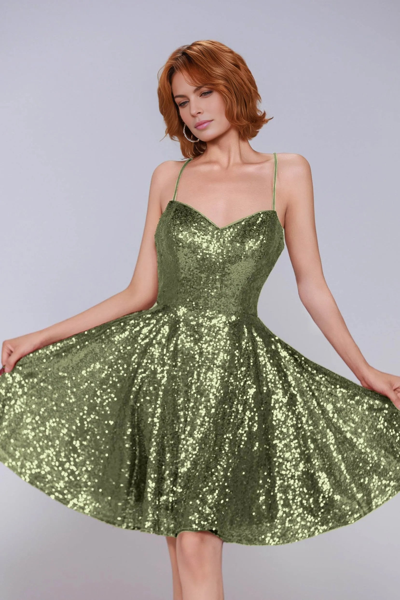 Radiant A-Line V Neck Spaghetti Strap Sequin Open Back Homecoming Dress