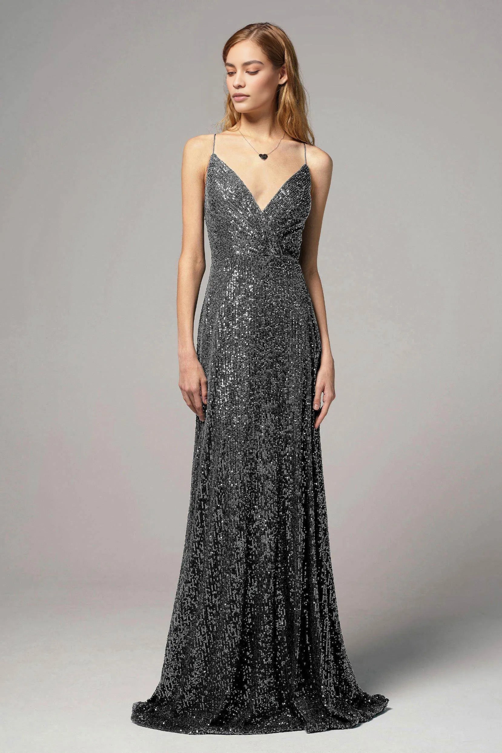 Sheath V-Neck Sleeveless Sequin Open Back Lace-Up Slit Evening Dress With Train