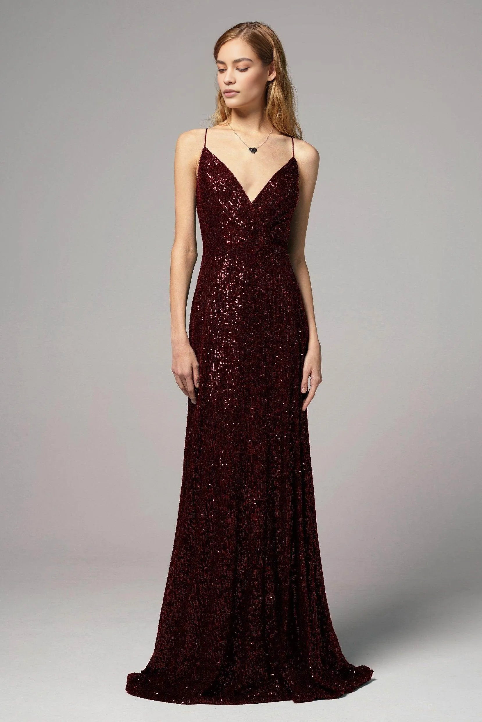 Sheath V-Neck Sleeveless Sequin Open Back Lace-Up Slit Evening Dress With Train
