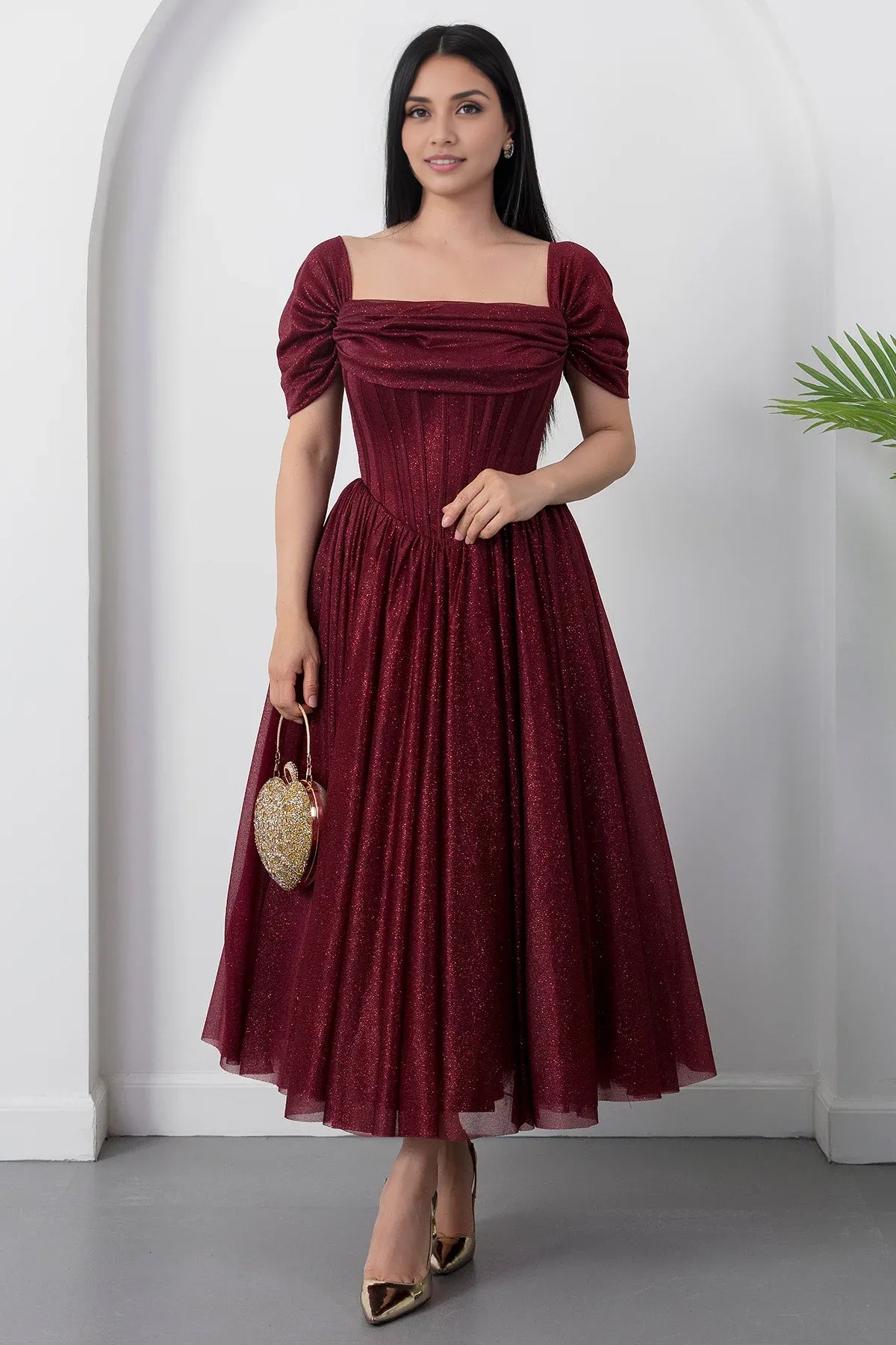 Romantic A-Line Square Neck Short Sleeve Glitter Tulle Lace-Up Formal Party Cocktail Dress