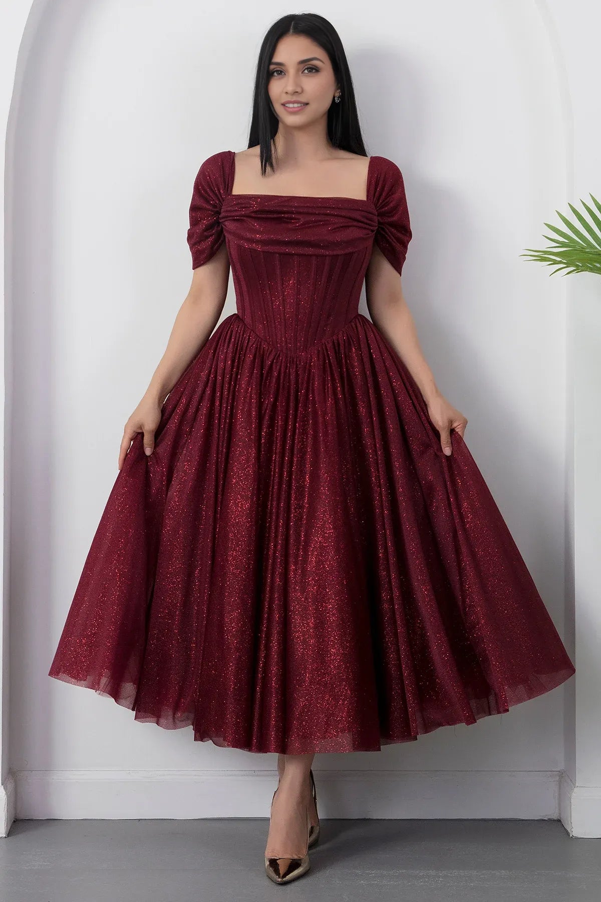 Romantic A-Line Square Neck Short Sleeve Glitter Tulle Lace-Up Formal Party Cocktail Dress